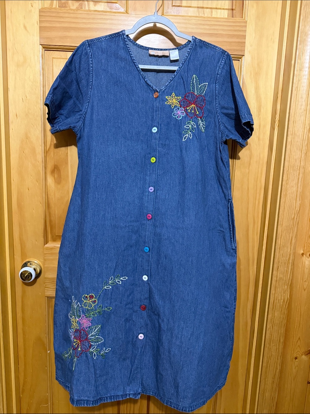 LA Cera Vintage Embroidered Blue Denim Midi Shirt Dress with Multicolor Buttons.